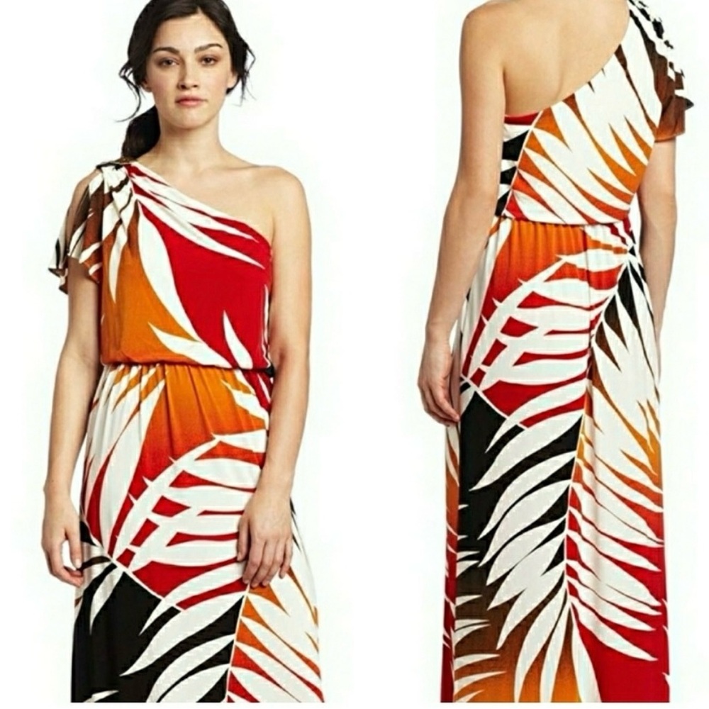 London Times One-Shoulder Red & Orange Leaf Tropical Print Maxi Dress Size 8